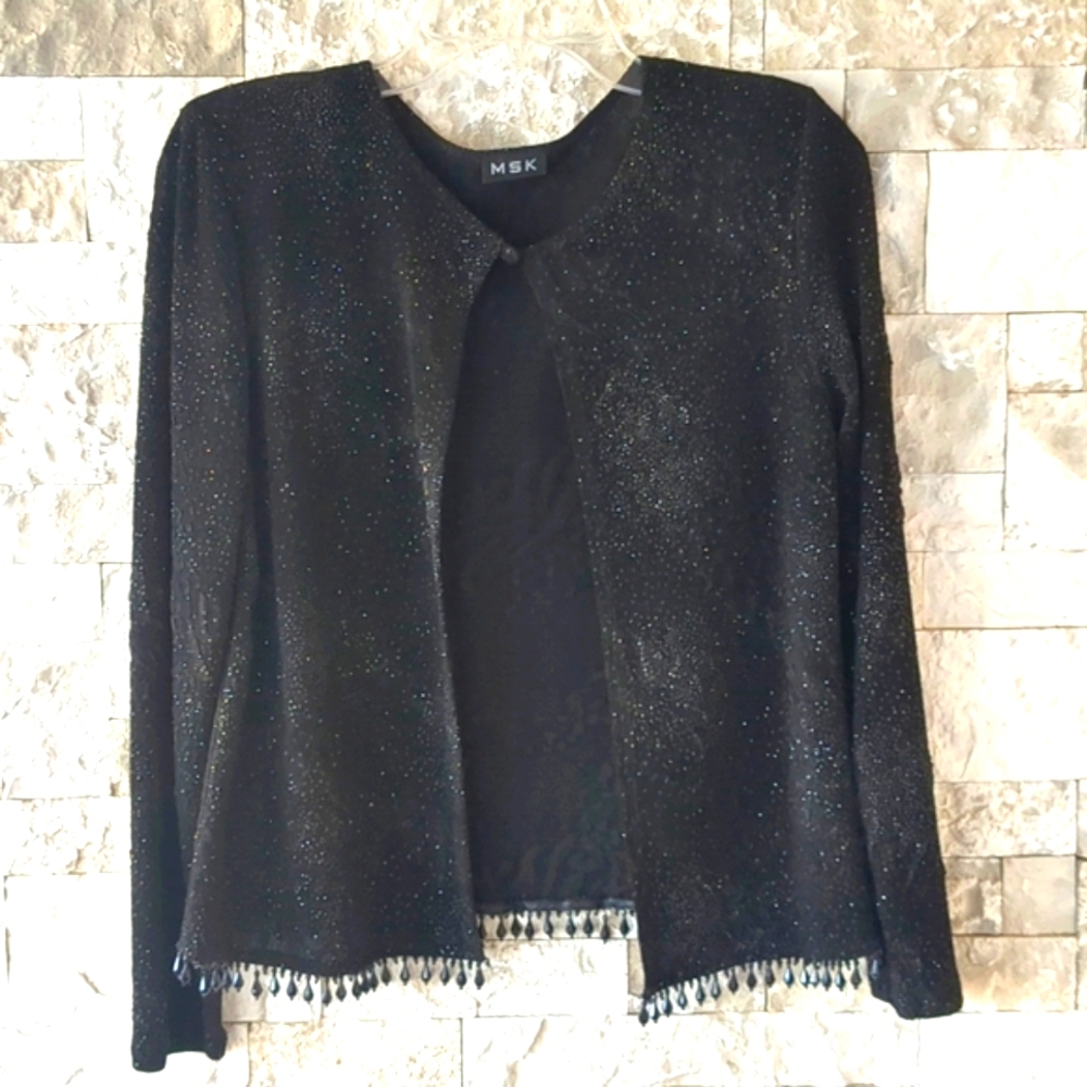 MSK VTG 90s Black Jacket SM, Beaded Trim Open Front Whimsigoth Witchy Halloween